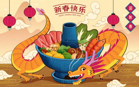 Illustration for CNY dragon and hot pot on misty mountain background. Text: Happy Chinese New Year. Welcome Spring. - Royalty Free Image