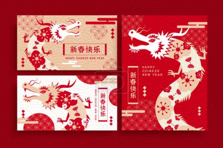 Ilustración de CNY dragón oriental con plantillas de tarjetas de diseño de patrón aislado sobre fondo rojo. Texto: Feliz Año Nuevo. - Imagen libre de derechos
