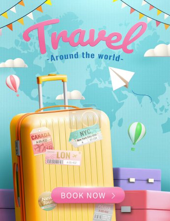 Illustration for 3D traveling promotion banner. Colorful luggage on light blue world map background with decorations. - Royalty Free Image