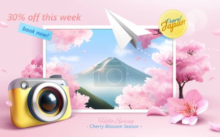 Illustration for 3D Cherry blossom season travel ad with camera, paper plane, and picture of Fuji Mountains. - Royalty Free Image