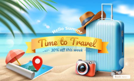 3D travel sale ad banner with blue luggage and travel decors on sunny beachside background