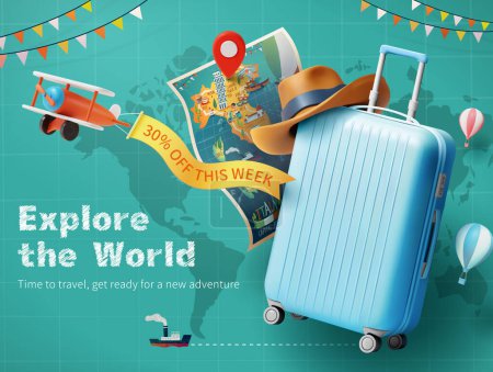 Ilustración de Banner publicitario de viaje 3D con equipaje azul y decoración de viajes en el fondo del mapa del mundo - Imagen libre de derechos