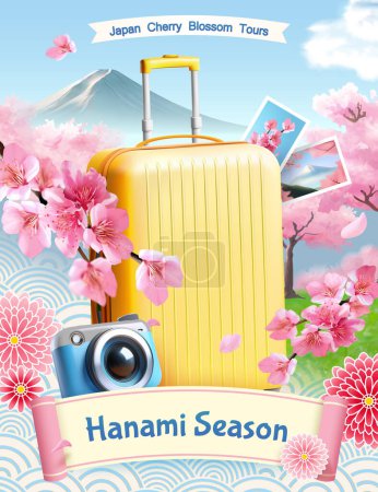 3D travel poster with yellow luggage and camera on beautiful cherry blossom landscape background