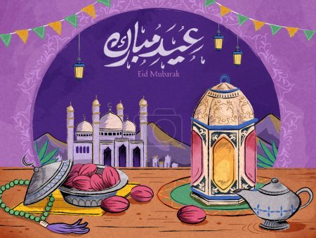 Illustration for Hand drawn style Islamic holiday card. Festive decors on table next to an arch overlook the mosque. - Royalty Free Image