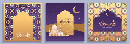 Ilustración de Elegantes plantillas de Ramadán árabe con degradados patrones de flores de oro púrpura y paisajes de mezquitas - Imagen libre de derechos