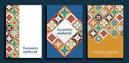 Illustration for Ramadan Mubarak template set with vibrant Arabesque patterns isolated on dark blue background. - Royalty Free Image