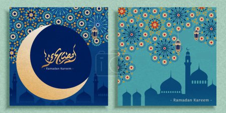 Ilustración de Conjunto de plantillas de Ramadán sereno con luna creciente, patrones árabes y silueta de mezquita - Imagen libre de derechos