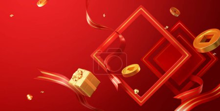 3D festive holiday backdrop with couplet frame, ribbon, coin and present floating on red background