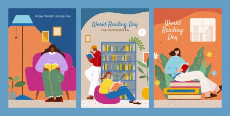 Ilustración de Carteles del Día Mundial del Libro con gente leyendo libros aislados sobre fondo azul claro. - Imagen libre de derechos