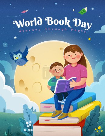Téléchargez les illustrations : Affiche de la Journée mondiale du livre sereine avec maman et fils lisant des livres sur un beau fond plein air pleine lune. - en licence libre de droit