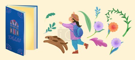 Illustration for Hand drawn style elements with girl, puppy, book, and flowers isolated on pale yellow background. - Royalty Free Image