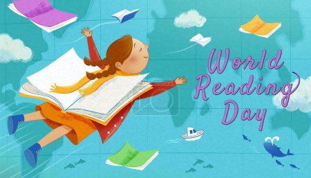 Téléchargez les illustrations : Bannière magique de la Journée mondiale du livre. Petite fille volant à travers l'océan avec le livre comme ailes. - en licence libre de droit