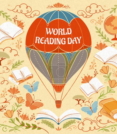 Illustration for Vintage World Book Day poster. Hot air balloon floating around books and abstract floral decorations. - Royalty Free Image