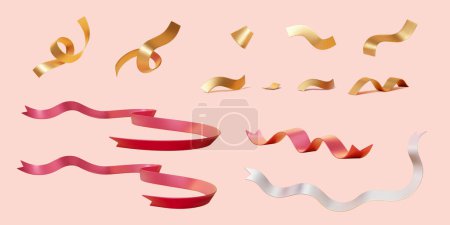 Illustration for 3D golden, red, and white color party ribbon elements isolated on light pink background - Royalty Free Image
