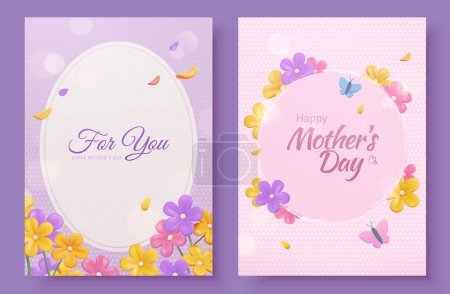 Téléchargez les illustrations : Carte délicate de la fête des mères sertie de fleurs 3D cadre rond isolé sur fond violet. - en licence libre de droit