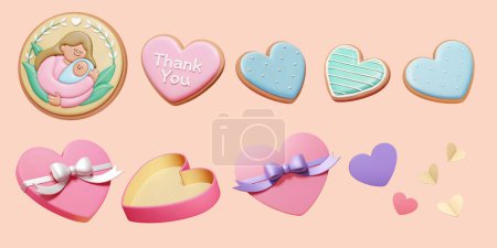 Illustration for 3D Sweet Mothers Day delicious cookies and gift box elements isolated on beige background. - Royalty Free Image