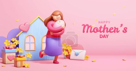 Téléchargez les illustrations : Affiche 3D Lovely Mothers Day. Mère tenant bébé sur fond rose avec des fleurs et des décorations festives. - en licence libre de droit