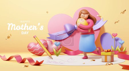 Téléchargez les illustrations : Carte 3D Adorable Mothers Day. Mère tenant bébé avec des décors en forme de coeur sur fond beige. - en licence libre de droit