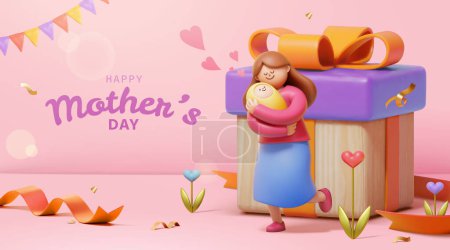 Illustration for 3D Loving Mothers Day card. Mother holding baby on pink background with gift box and festive decors. - Royalty Free Image