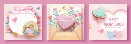 Téléchargez les illustrations : Modèles carrés de la fête des mères 3D avec des biscuits givrés et des décors floraux isolés sur fond rose. - en licence libre de droit
