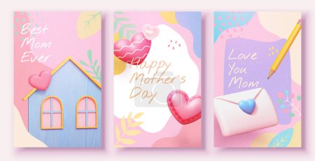 Téléchargez les illustrations : Affiches 3D abstraites de la fête des mères avec maison, forme de coeur, lettre d'amour et maquettes au crayon. - en licence libre de droit