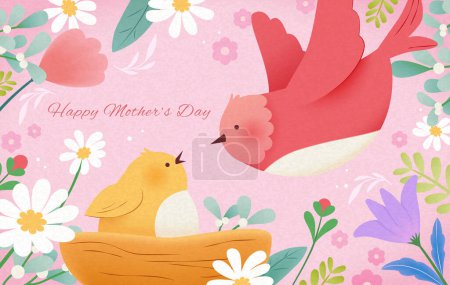 Illustration for Adorable Mothers Day card with mama bird and her baby surrounded by blossoming flowers. - Royalty Free Image