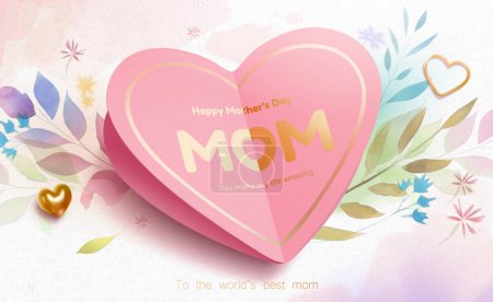 Illustration for Pink Mothers Day card with golden heart decoration on watercolor leaves background. - Royalty Free Image