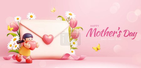 Illustration for 3D Mothers Day banner with miniature girl and love letter surrounded by flowers on pink background - Royalty Free Image