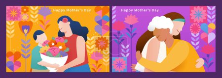 Téléchargez les illustrations : Modèles de fête des mères colorées avec moments mère et enfants. - en licence libre de droit