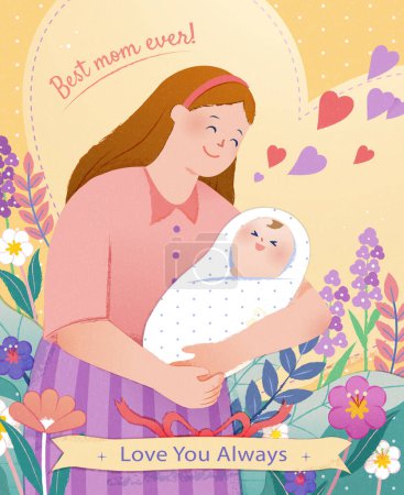 Illustration for Lovely Mothers Day poster with young mom holding a baby floral yellow background - Royalty Free Image