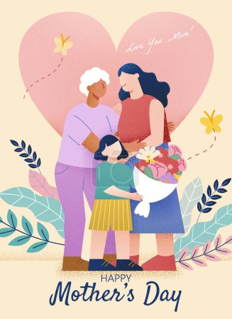 Affiche de la fête des mères réconfortante avec trois générations étreignant sur fond beige clair floral.