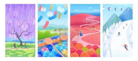 Ilustración de Hermoso Japón viaje fondo de pantalla con impresionantes cuatro estaciones paisaje y actividades al aire libre . - Imagen libre de derechos