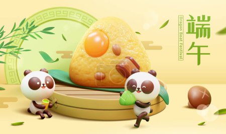 Téléchargez les illustrations : 3D Dragon Boat Festival zongzi sur vapeur en bambou avec panda mignon autour. Traduction : Duanwu. - en licence libre de droit