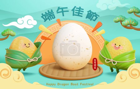 3D cute zongzi playing egg balancing on mountains background. Text: 5th of May. Dragon Boat Festival.