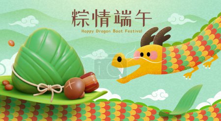 Illustration for 3D zongzi and dragon on mountain background with clouds. Text: Dragon Boat Festive Sentiments - Royalty Free Image