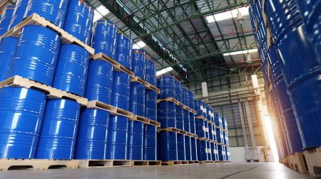 Blue barrel 200 liter chemical drums are stacked on wooden pallets inside the warehouse awaiting delivery. Concept of Chemical industry, petroleum industry and transportation technology