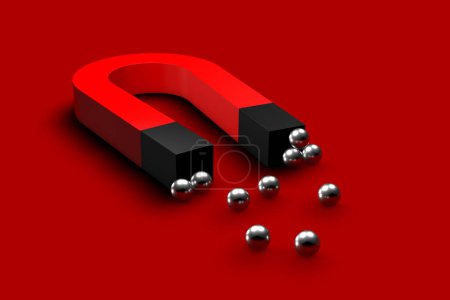 3D illustration of a magnet on a red  background with steel balls