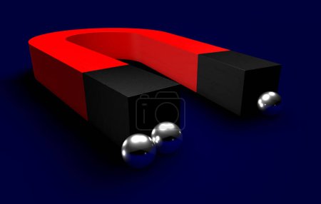 3D-Illustration eines Magneten auf blauem Hintergrund mit Stahlkugeln