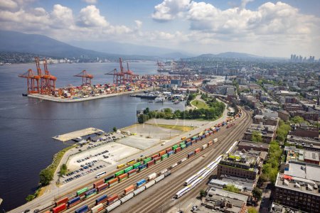 Photo for View of the container port and container train carriages from Vancouver Lookout in Vancouver, British Columbia, Canada on 30 May 2023 - Royalty Free Image