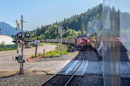 Photo for Freight train passing Rocky Mountaineer train at level crossing in Rocky Mountains, British Columbia, Canada on 3 June 2023 - Royalty Free Image