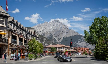 Photo for View along Banff Avenue towards snow capped Cascade Mountain in Banff, Alberta, Canada on 4 June 2023 - Royalty Free Image