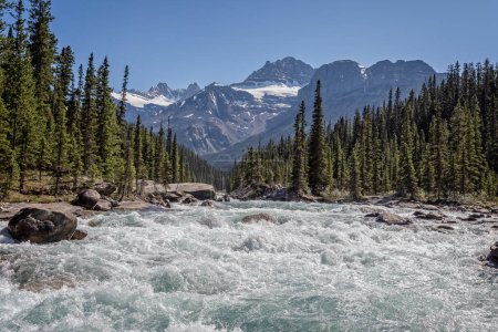 Photo for Glacial white water river with snow capped mountains in the background in Banff National Park in the Canadian Rockies, - Royalty Free Image