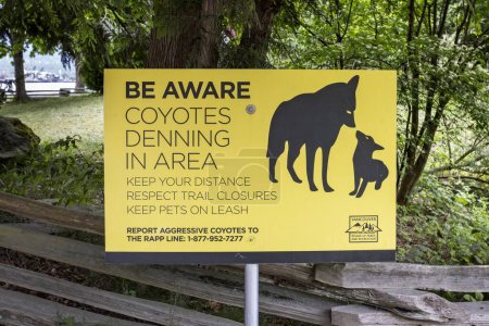 Photo for Sign in Stanley Park warning of Coyote denning area in Vancouver, British Columbia, Canada on 31 May 2023 - Royalty Free Image