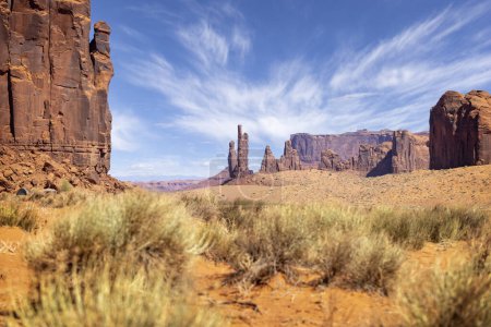 Mesa and spire formations from the valley floor in Monument Valley, Arizona, USA on 21 April 2024