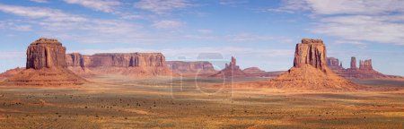 Panoramic view of Monument Valley from the valley floor at the Navajo Code Talker outpost in Arizona, USA on 22 April 2024