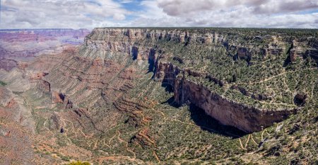 Panoramic view of the Bright Angel trail into the Grand Canyon at the South Rim, Grand Canyon National Park, Arizona, USA on 29 April 2024