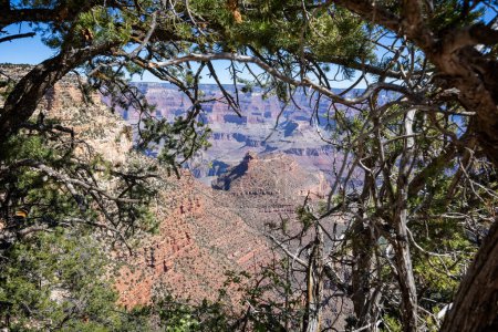 Dramatic framed view of the Grand Canyon  from Bright Angel trailhead, Grand Canyon National Park, Arizona, USA on 30 April 2024