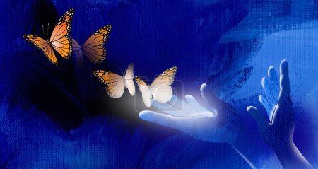 Arte gráfico abstracto conceptual de par de manos abiertas para liberar una mariposa Monarca icónica. Fondo gráfico se puede utilizar para temas como magia, fantasía, sueños, libertad y similares. 
