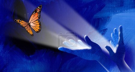 Foto de Arte gráfico abstracto conceptual de las manos liberando a la icónica mariposa Monarca dentro del haz de luz. Fondo gráfico se puede utilizar para temas de inspiración como la libertad, dejar ir, y adiós. - Imagen libre de derechos