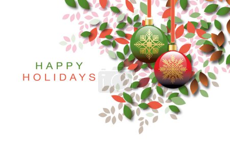 Foto de Diseño gráfico compuesto de formas geométricas simples de hojas de árbol de Navidad con adornos de árbol de Navidad con el mensaje de vacaciones de Felices Fiestas. Uso para temas navideños incluyendo posibles diseños de tarjetas de felicitación. - Imagen libre de derechos